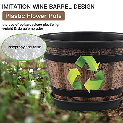 Quarut Plant Pots Set of 4 Pack 12 inch,Large Whiskey Barrel Planters with Drainage Holes & Saucer.Plastic Flower Pots Imitation Wine Barrel Design, for Indoor & Outdoor Garden Home Plants (Brown) - size: 12 inches
