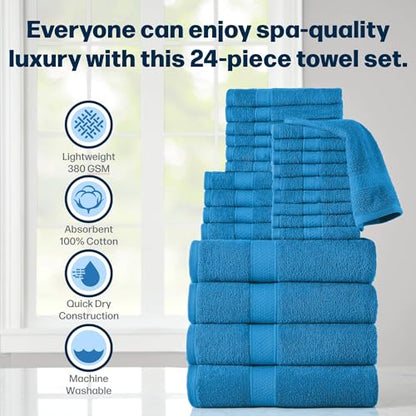 24-Piece Set of Towels, Lightweight 380 GSM Cotton Towels, Quick Drying, Absorbent Hand Towels, Fingertip Towels, Bath Towels, & Washcloths, Blue - color: Blue