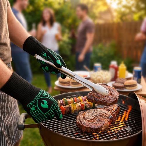 IGNISGUARD® BBQ Gloves, Heat Resistant Grill Gloves, 1 Pair, Green (L) | EN407:2020 tested with textured silicone grip, three-layer construction and long knit cuff for added wrist coverage. - color: Green, size: Large
