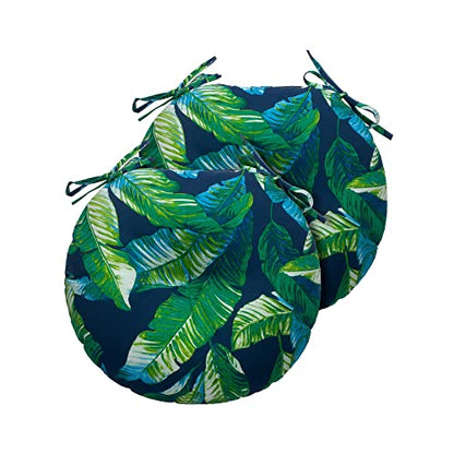 Magpie Fabrics 15" Round Bistro Seat Cushions with Ties, Set of 2, Waterproof All Weather Tufted 4" Thick Patio Chair Pads for Home Garden Dining Metal Stool - Green Lagoon Leaves - color: A Green Lagoon Leaves