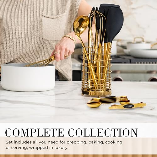 Styled Settings Black and Gold Kitchen Utensils Set, 15-Piece | Nonstick BPA-Free Silicone Coooking Utensils, Gold Utensil Holder, & Magnetic Measuring Spoons - Stylish Kitchen Accessories - color: 15 Piece Black & Dark Gold