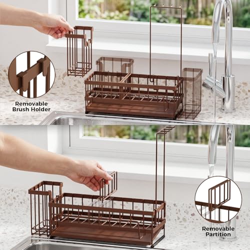 Kitchen Sink Organizer, Stainless Steel Sponge Holder, Brown | Rust-Resistant Steel, Detachable Draining Board, Compartment Divider, Brush Holder & Towel Bar, Ideal for Kitchen Storage - color: Brown
