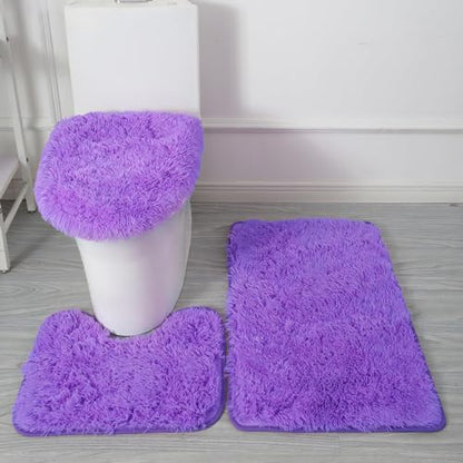 Purple Bathroom Rugs Sets 3Piece Bath Mat Solid Bath Rug Floor Mats Washable Shower Rug with U-Shaped Contour Rug Toilet Lid Cover - color: Purple, size: Set of 3