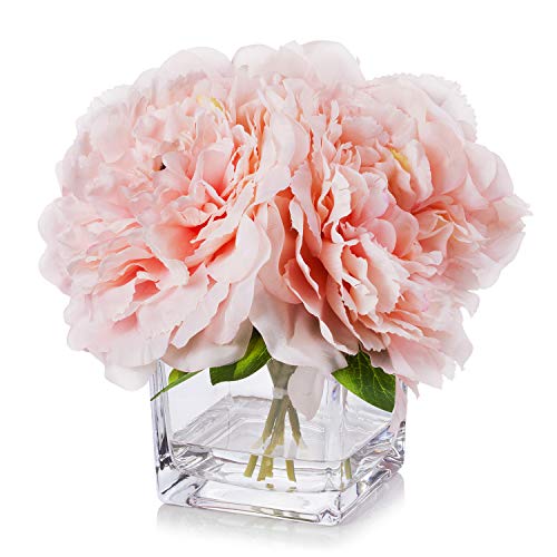 Artificial Peony Flowers Arrangements in Cube Glass Vase with Faux Water for Home Table Wedding Centerpiece Decor (Pink) - color: Pink