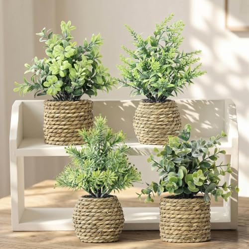 Small Fake Plants, 4 Pack Artificial Plants in Handwoven Seagrass Baskets | Natural Woven Texture, 4 Unique Plant Designs, Shelf, Desk & Table Decor, Realistic Faux Greenery, Farmhouse & Boho Decor