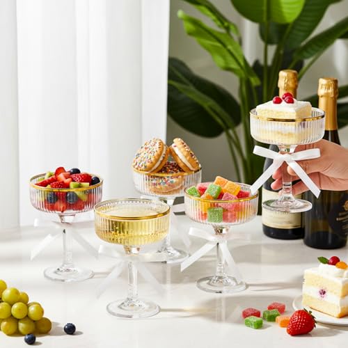 Set of 24 Plastic Champagne Coupe Glasses with Bow 7 oz Gold Champagne Tower Set Stackable Acrylic Ribbed Martini Glasses Cocktail Coupe Cup for Wedding Birthday Party Bar(Bowknot,White) - color: White, style: Bowknot