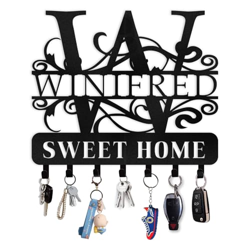 Personalized Metal Key Holder for Wall, Family Name Keys Holder Wall Mount | Custom Key Hooks with Monogram Design, Sweet Home Keys Rack Walls Hanging Bedroom Hallway Decor, Housewarming Couple Gifts - color: 08 Monogram