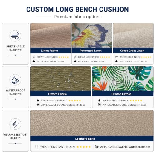 Custom Bench Cushion for Outdoor/Indoor Furniture, Custom Size & Shape, Bench Pad for Bay Window Seat, Patio Bench, Swing, 75D High Resilience Sponge, Non-Slip Bottom