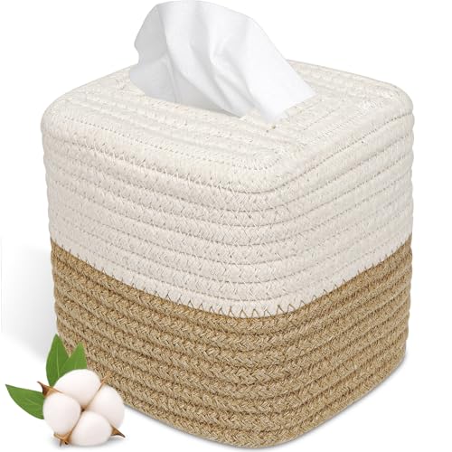 Boho Tissue Box Cover: Natural Handwoven Square Cover for Bathroom | Open-Bottom Design with Tassel, For Kitchen, Tabletops, Home & Office, Farmhouse Decor - color: Ivory/Brown