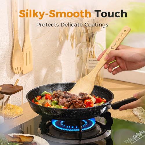 Wooden Spoons for Cooking Bamboo Utensils Set (6 Pieces) - Essential Tools Wooden Spoons & Spatula for Everyday Stirring, Mixing, Flipping & Serving, Gentle on Nonstick Cookware