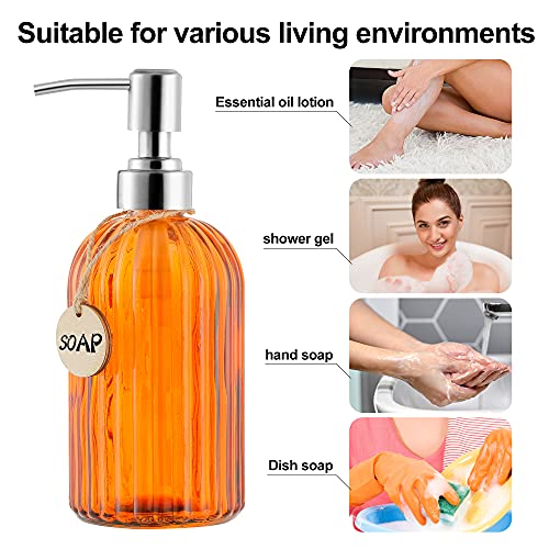 MOCLIF 16 OZ Soap Dispenser，Tempered Glass Clear Vertical Stripe with 304 Rust Proof Stainless Steel Pump Refillable Liquid Hand Soap Dispenser，for Bathroom, Kitchen, Dish Soap，Lotion (Orange) - color: Orange