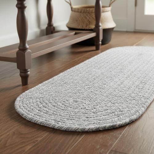Farmhouse Braided Runner Rug 2x6 Gray & White – Reversible Cotton Blend Hallway, Kitchen, Bedroom & Entry Rug – Soft, Durable, Handcrafted, Low-Profile Indoor Mat - color: Gray & White, size: 2' x 6' (Oval)