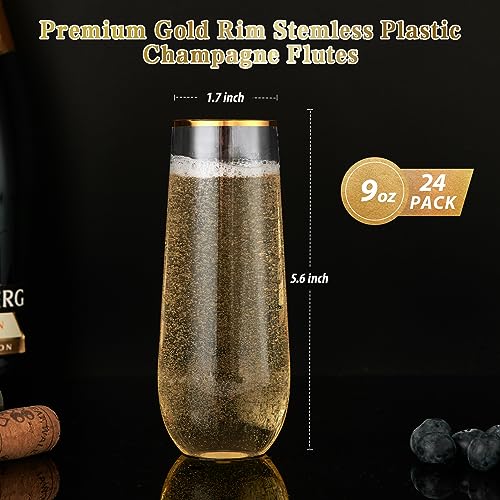 FOCUSLINE 24 Pack 9 Oz Plastic Stemless Gold Rim Champagne Flutes, Heavy Duty, Shatterproof, Disposable & Reusable Crystal Clear Toasting Glasses - color: Gold Rim Plastic Champagne Flutes