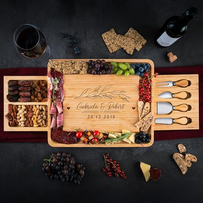 Personalized Charcuterie Board Gifts Set, Custom Engraved Large Bamboo Cheese Platter & Nut Tray, Unique Wedding, Anniversary, Housewarming, Birthday Gift for Couples