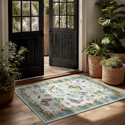 2x3 Washable Throw Rugs for Entryway: Door Mat Indoor Entrance Small Area Rug Non-Slip Low Pile Soft Kitchen Rug for Front Door Indoor Entrance Bedside Entry Kids Room - color: Butterfly-blue, size: 2' x 3' (Rectangular)
