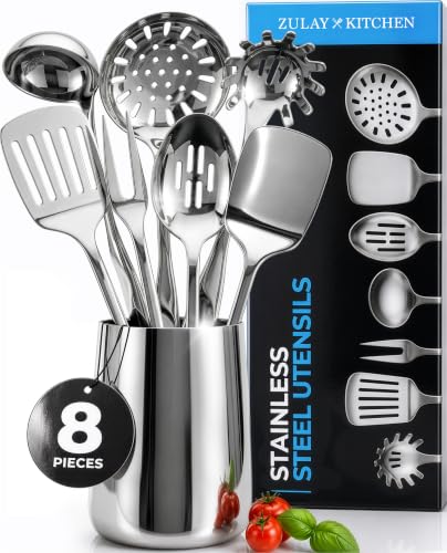 Zulay Kitchen Stainless Steel Cooking Utensil - Stainless Steel Kitchen Utensil - Durable Kitchen Gadgets - Metal Kitchen Accessories - Easy to Clean Kitchen Tools - 8 Piece Set - size: 8 Piece Set