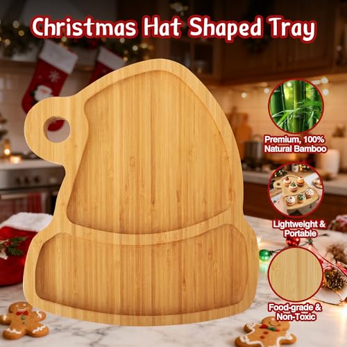 WILLKOMMEN Christmas Serving Tray, Bamboo Christmas Hat Shaped Serving Platter, Charcuterie Board Serving Dishes 10" x 9" for Party Cookie Fruit Tray Cheese Board Plate - color: Christmas Hat Shaped