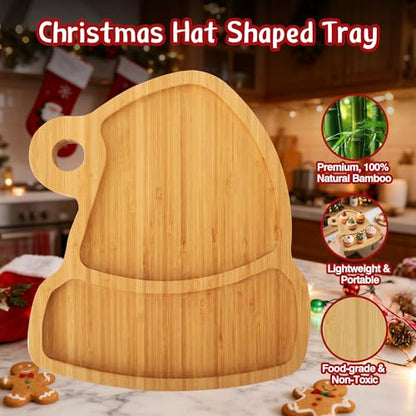 WILLKOMMEN Christmas Serving Tray, Bamboo Christmas Hat Shaped Serving Platter, Charcuterie Board Serving Dishes 10" x 9" for Party Cookie Fruit Tray Cheese Board Plate - color: Christmas Hat Shaped