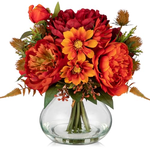 Fake Peony Flowers in Vase Fall Table Centerpiece Faux Floral Arrangement in Vase Autumn Artificial Flowres for Tables Orange Silk Flowers Arrangement - color: Orange-round Glass