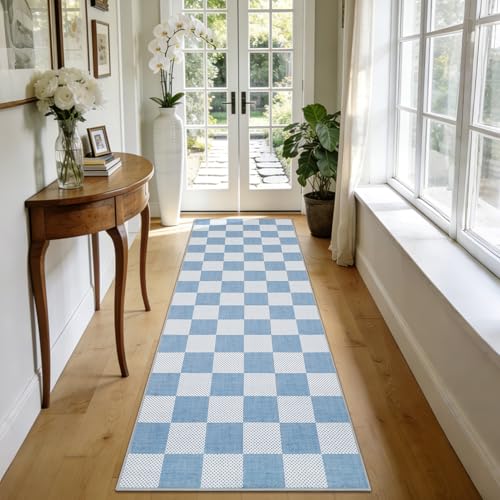 GarveeHome Checkered Blue 2x6 Washable Kitchen Runner Rug Low-Pile Entryway | Light Blue Small Area Rug for Hallway Bedroom Bathroom Non-Slip Stain Resistant Geometric Rugs TPE Backing - color: Light Blue, size: 2' x 6' (Rectangular)