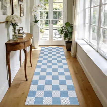GarveeHome Checkered Blue 2x6 Washable Kitchen Runner Rug Low-Pile Entryway | Light Blue Small Area Rug for Hallway Bedroom Bathroom Non-Slip Stain Resistant Geometric Rugs TPE Backing - color: Light Blue, size: 2' x 6' (Rectangular)