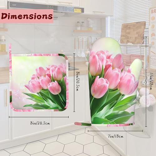 Pink Tulips Romantic Silicone Oven Mitts and Pot Holders,Heat-Resistant 4 Piece Kitchen Set Non-Slip Oven Gloves and Hot Pads for Cooking, Baking, Grilling,BBQ - color: Pink Tulips Romantic