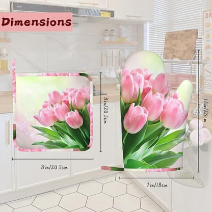 Pink Tulips Romantic Silicone Oven Mitts and Pot Holders,Heat-Resistant 4 Piece Kitchen Set Non-Slip Oven Gloves and Hot Pads for Cooking, Baking, Grilling,BBQ - color: Pink Tulips Romantic