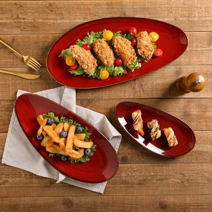 vicrays Large Oval Serving Platters, 16"/14"/10" Porcelain Serving Platters for Party, BBQ,Stackable Serving Trays Serving Plates for Appetizers, Sushi, Restaurant, Set of 3 (Cherry Red) - color: Cherry Red