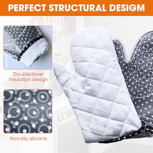 Silicone Oven Mitts Set Heat Resistant 2PCS Kitchen Mittens with Soft Cotton Lining Long Waterproof Non-Slip Oven Gloves for Cooking, BBQ, Baking - color: Black