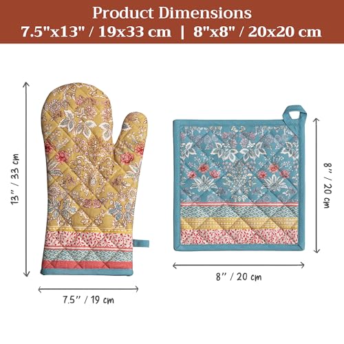 Maison d' Hermine 100% Cotton Oven Mitt & Pot Holder Set (7.5"x13" & 8"x8") | Heat Resistant BBQ Cooking Gloves with Loop Baking Grilling Kitchen Hotel Home Farmhouse Spring Summer - Marquise - color: 001 - Marquise, size: 7.5" x 13" & 8" x 8" (Oven Mitt