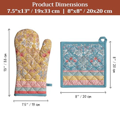 Maison d' Hermine 100% Cotton Oven Mitt & Pot Holder Set (7.5"x13" & 8"x8") | Heat Resistant BBQ Cooking Gloves with Loop Baking Grilling Kitchen Hotel Home Farmhouse Spring Summer - Marquise - color: 001 - Marquise, size: 7.5" x 13" & 8" x 8" (Oven Mitt