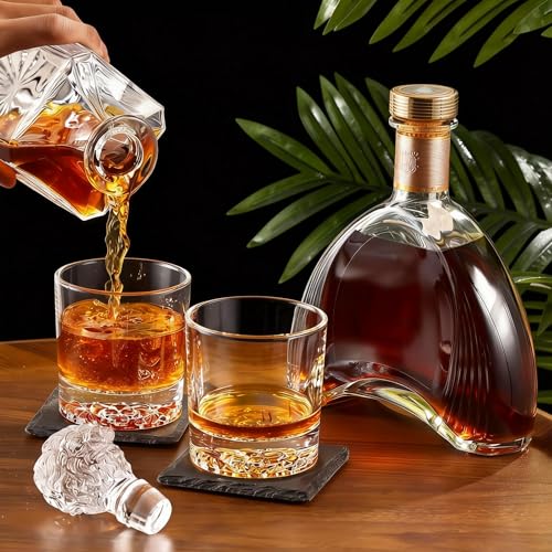 Lion Head 14-Piece Crystal Whiskey Decanter Set - 750ml Lead-Free Hand-Blown, 2 Glasses, 6 Stainless Stones, Coasters & Pine Gift Box - Engraving Ready for Him, Birthday Anniversary