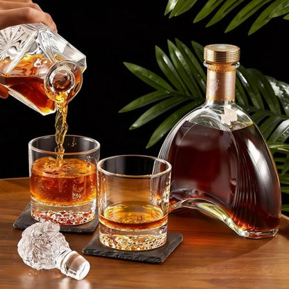 Lion Head 14-Piece Crystal Whiskey Decanter Set - 750ml Lead-Free Hand-Blown, 2 Glasses, 6 Stainless Stones, Coasters & Pine Gift Box - Engraving Ready for Him, Birthday Anniversary
