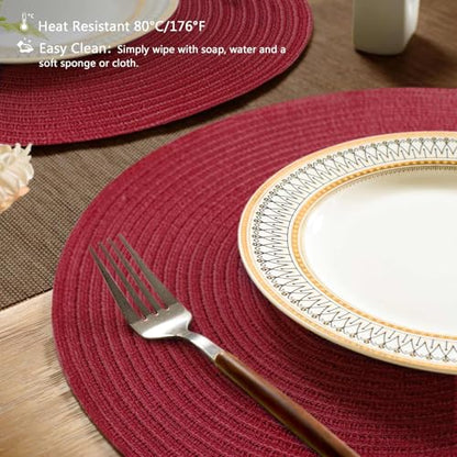 FunWheat Round Braided Placemats Set of 6 Place mats for Dining Tables Woven Heat Resistant Table Mats 15 inch (Wine) - color: Solid Wine, size: 6pcs
