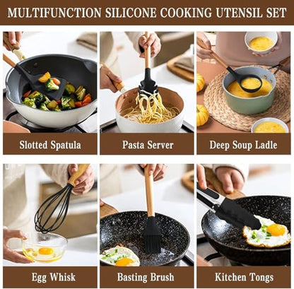Kitchen Utensils Set- 34PCS Silicone Cooking Utensil with Holder, Umite Chef Heat Resistant Kitchen Spatula Set for Nonstick Cookware, Black Wooden Handles Kitchen Gadgets Tools Set - color: Black