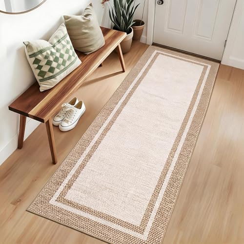 Garvee Long Kitchen Rugs Neutral Border 2x10 Entryway Washable Rug，Beige | Bedroom Laundry Low Pile Floor Cover for Entryway Stain Resistant Indoor Carpet for Hallway - color: Modern Border - Beige, size: 2' x 10' (Runner)