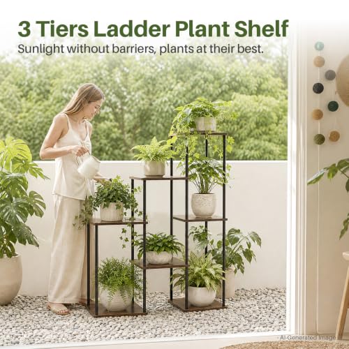 Plant Stand Indoor, Large Tiered Plant Shelf for Mutiple Pots | 3 Tiers Ladder Wood Plants Holder, Tall Flower Display Stands for Outdoor Patio, Living Room, Balcony, Garden