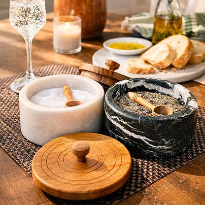 Marble salt and pepper containers with spoon, salt cellars with lid and spoons, salt and pepper holders, salt and pepper cellars, marble salt and pepper bowls with wooden lid - White/Black