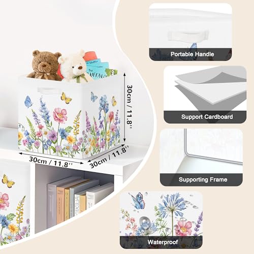 Clastyle 11.8" Flower Storage Basket Set of 3 for Kid Women Toy Clothes Bin | Collapsible Fabric Book Bin, Metal Frame Bottom Board, Cube Organizer, Closet Nursery Pantry Shelf Bedroom, Blue WildPlant - color: Blue Flowers