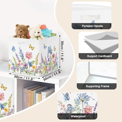Clastyle 11.8" Flower Storage Basket Set of 3 for Kid Women Toy Clothes Bin | Collapsible Fabric Book Bin, Metal Frame Bottom Board, Cube Organizer, Closet Nursery Pantry Shelf Bedroom, Blue WildPlant - color: Blue Flowers