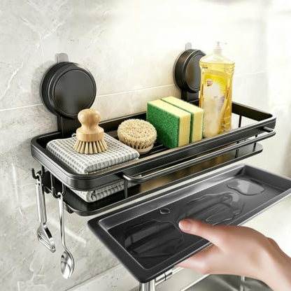 4-in-1 Sink Caddy Sponge Holder wih Strong Suction Cup, Multi-use | Sponge Holder for Kitchen Sink Organizer with Hanging Hooks, Towel Rod, Drip Tray for Sponge, Brush, Scrubber, Scraper