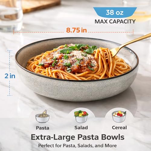 GBhome 8.75'' Large Ceramic Pasta Bowls, 38oz Stoneware Pasta Serving Bowls Set of 4 for Kitchen, Wide Bowls for Fruit,Pasta,Salad,Oatmeal,Meal, Microwave Safe, Reactive Glaze-Green Wheat - color: Green Wheat