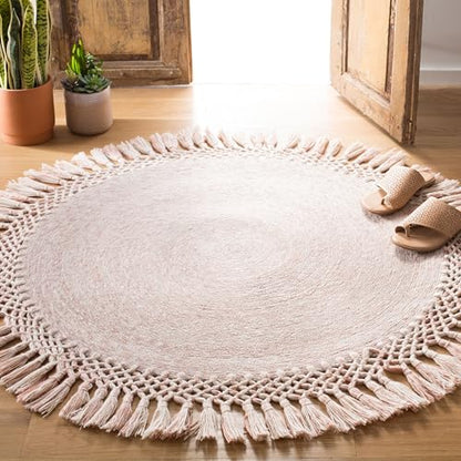SAFAVIEH Sahara Collection 4' Round Pink SAH490U Handmade Boho Tassel Area Rug - color: Pink, size: 4' (Round)