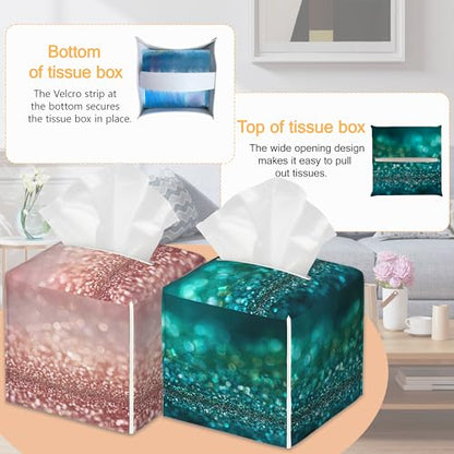 Pink Green Glitter 2 Pcs Tissue Box Cover Square, Tissue Box Holder Waterproof Leather Facial Paper Organizer Dispenser for Bathroom Home Car Nightstand - color: Pink Green Glitter
