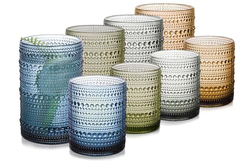Colored Hobnail Drinking Glasses Set of 8，15 oz Vintage Highball Glassess & 12 oz Cocktail Glasses，Drinkware Kitchen Glasses for Cocktail, Iced Coffee, Beer, Ice Tea, Wine, Whiskey, Water - color: Colored