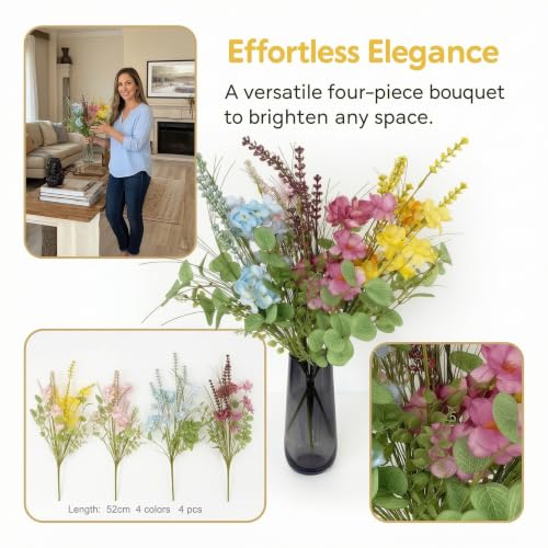 4 Pack Artificial Wildflower Bouquet, Realistic Hydrangea with Eucalyptus Stems, Rustic Wildflowers Floral Arrangement for Wedding Decor, Daily Home Decoration, Vase Table Centerpiece