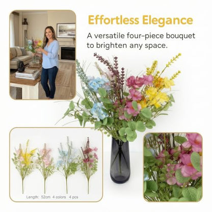4 Pack Artificial Wildflower Bouquet, Realistic Hydrangea with Eucalyptus Stems, Rustic Wildflowers Floral Arrangement for Wedding Decor, Daily Home Decoration, Vase Table Centerpiece