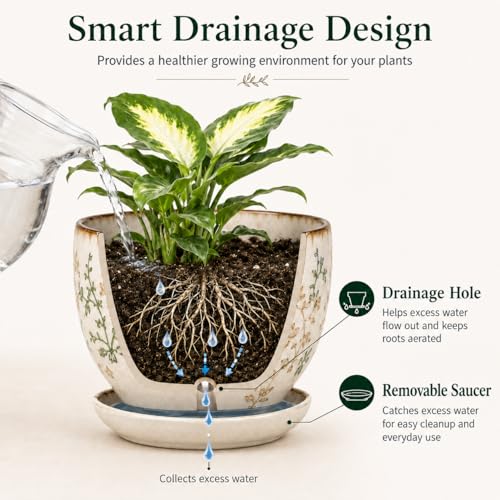Retro Ceramic Garden Pots, 5.8 Inch Plant Pots with Drainage and Attached Saucer Set of 4, Chinoiserie Floral Large Flower Pots for Home Decor, Plant Lover Gifts, White Green - size: 5.8 inch, set of 4