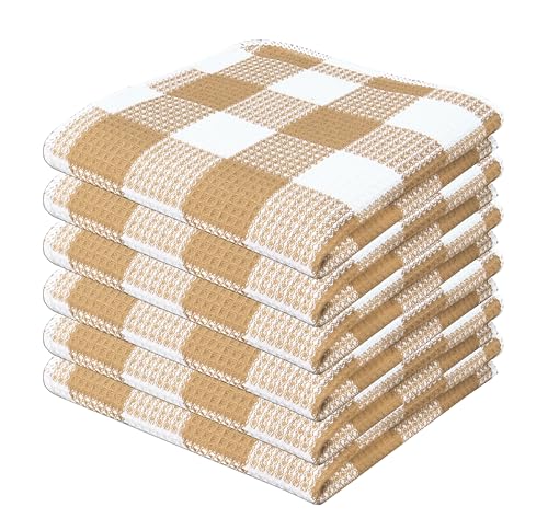 Waffle Weave Plaid Dish Cloths, 100% Cotton - 12 x 12 Inches, Ultra Soft Absorbent Quick Drying Dish Towels Buffalo Check Dish Rags for Kitchen, 6 Pack - Spring Summer - Beige and White - color: Beige White, size: 12 x 12 - 6 Pack
