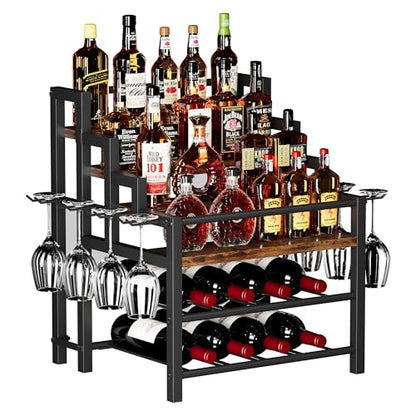 6-Tier Liquor Bottle Display Shelf, Holds up to 24 Bottles, Countertop Wine Racks with 8 Wine Glass Holders, Mini Wine Bar Cabinet for Home, All in One Coffee Syrup Whiskey Organizer